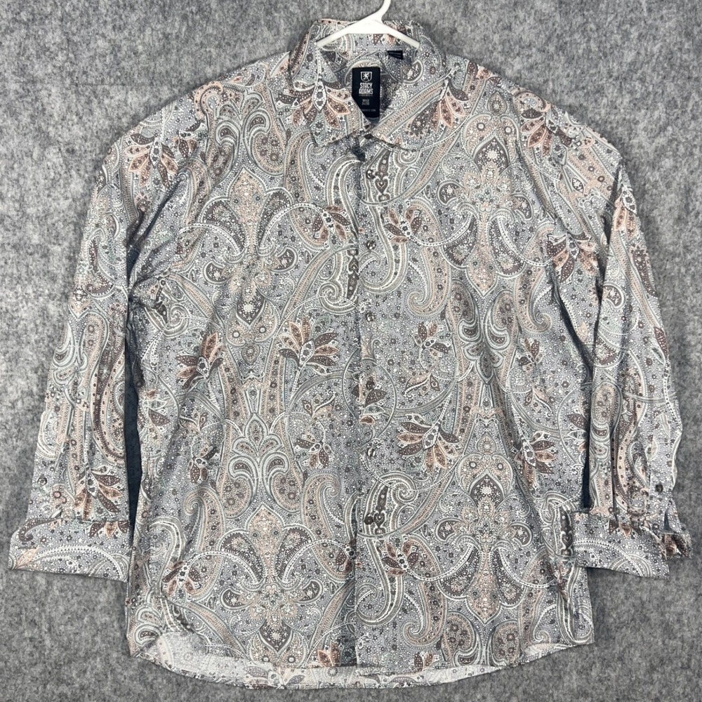 Stacy Adams Men's Paisley Button Down Shirt Grey Tan Long Sleeve 18.5 34/35